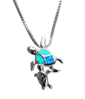 Blue Fire Opal - Momma and Baby Sea Turtle Pendant Necklace - Turt Vibe