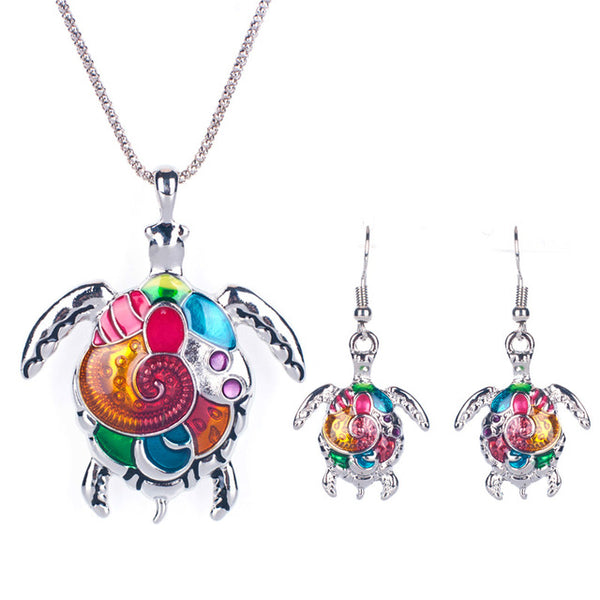 Vivid Enamel Sea Turtle Necklace Earring Set